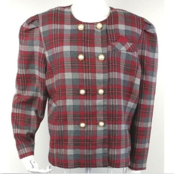 Vintage Jackets & Blazers - Vintage 80s Plaid Power Suit Blazer Red Gray M L